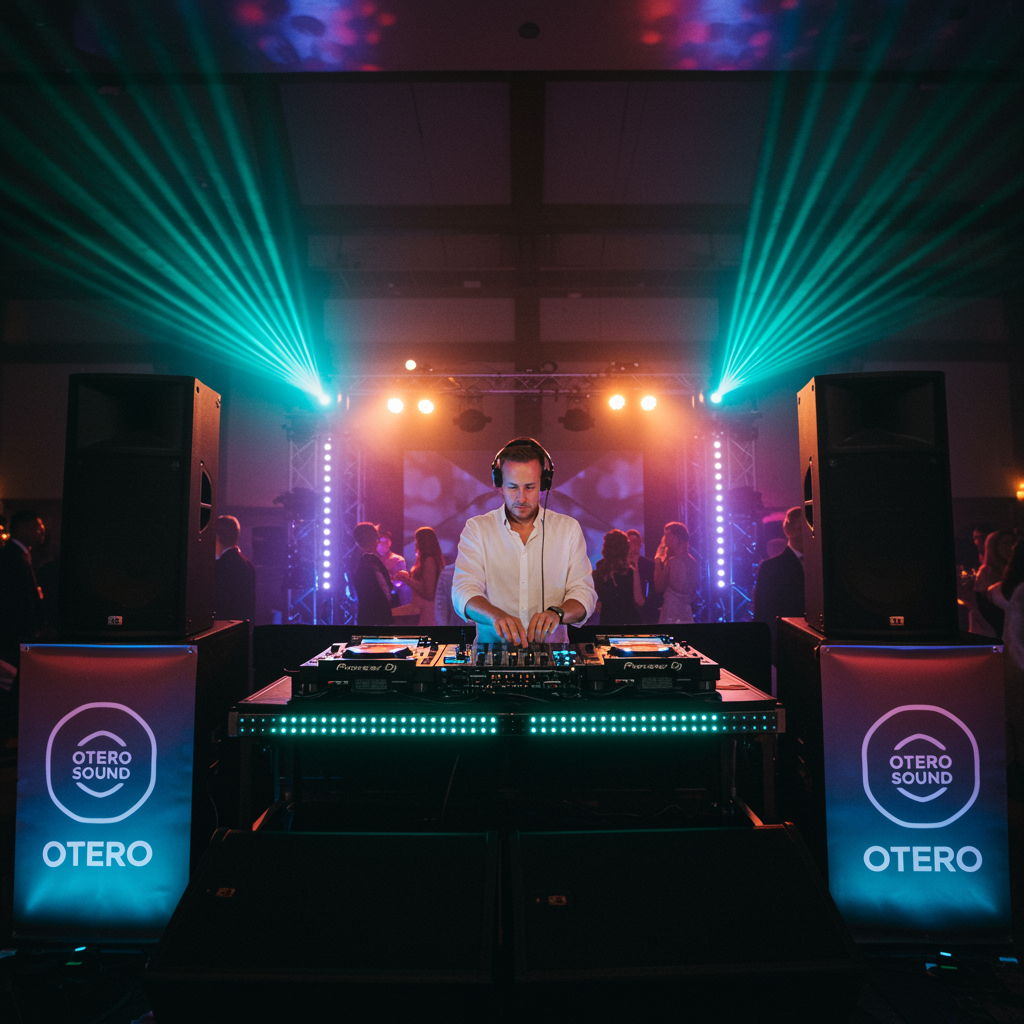 "Imagen vibrante de un DJ en un evento elegante al atardecer, con equipo de sonido premium y luces dinámicas, ideal para OTERO SOUND."