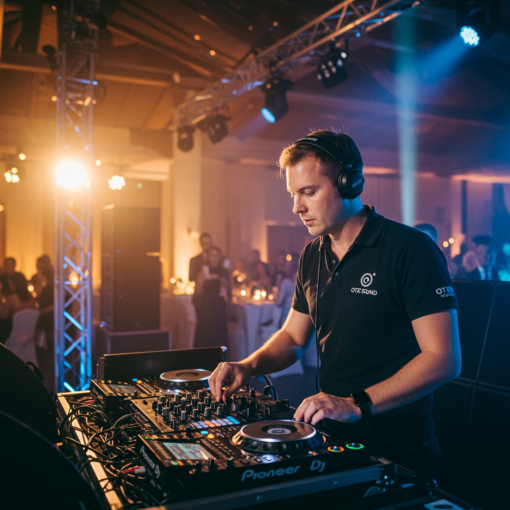 "DJ profesional en un evento en vivo, con equipo de sonido de alta fidelidad y ambiente elegante, destacando los servicios audiovisuales personalizados de OTERO SOUND."