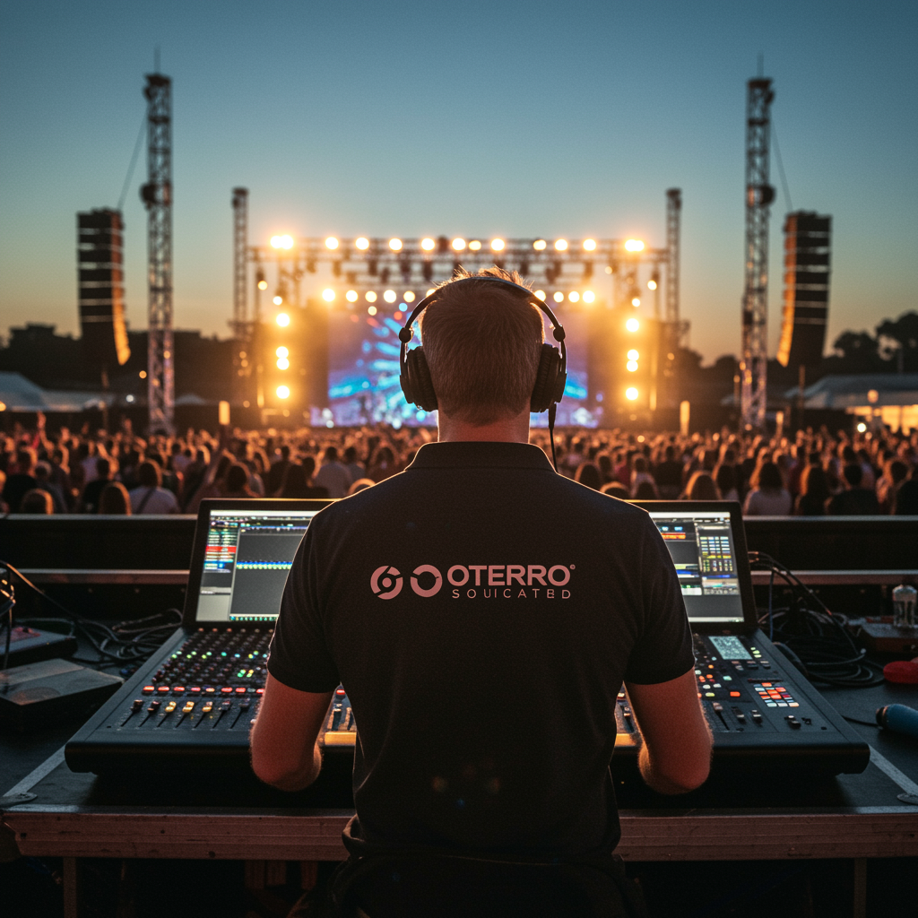 "Imagen de un ingeniero de sonido blanco con auriculares de estudio y camiseta polo OTERO SOUND, frente a una consola de mezcla digital en un escenario al aire libre, iluminado cálidamente y con una audiencia emocionada al fondo."