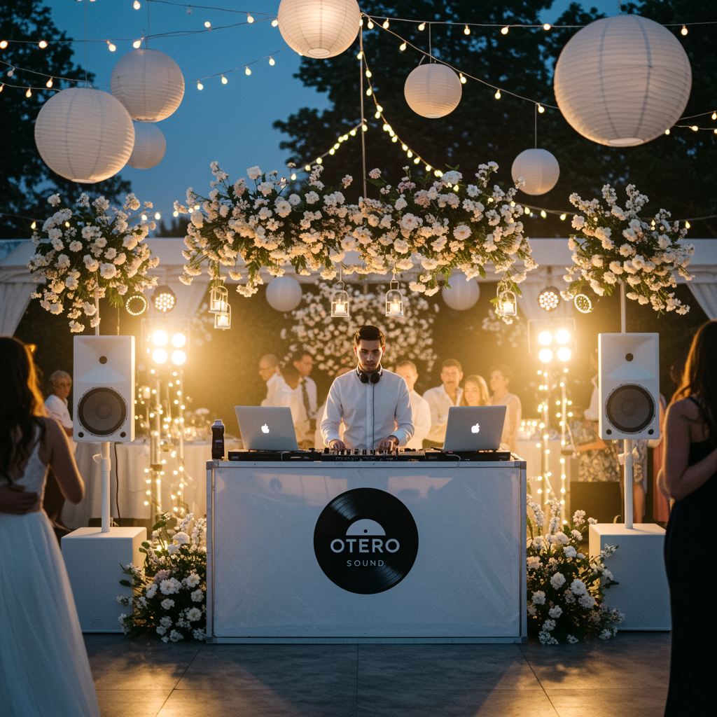 "Ilustración digital de una elegante recepción de boda al anochecer, con un DJ blanco moderno, invitados bailando bajo luces de hadas y un ambiente romántico."